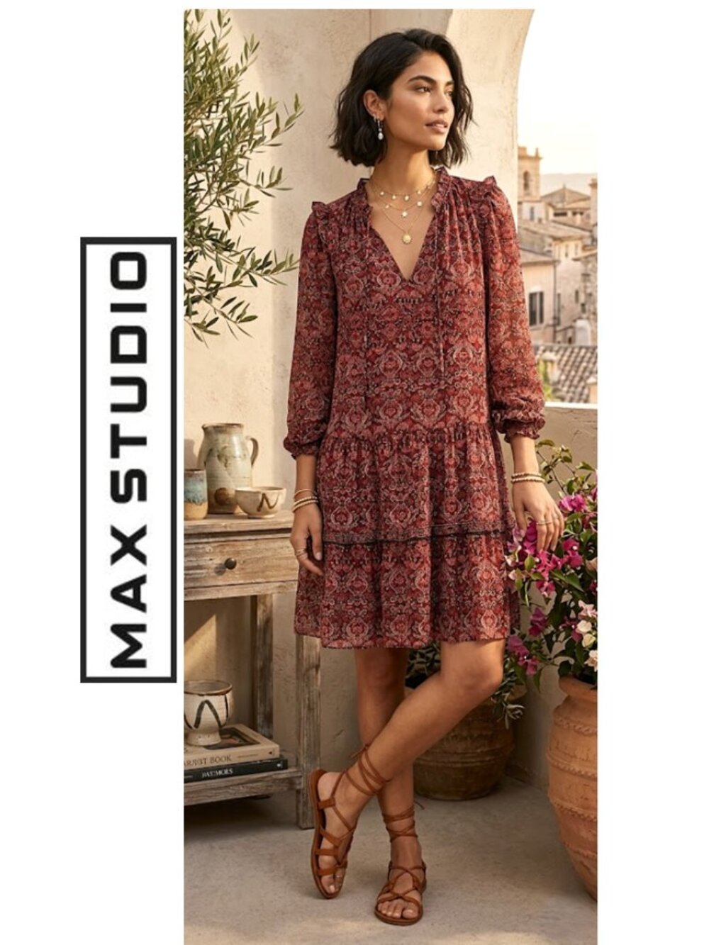 NWT!!! MAX STUDIO, Boho burgundy long sleeve floral pattern dress, size: large